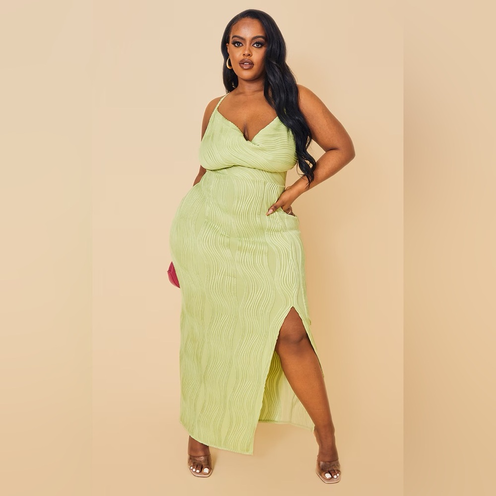 Pretty Little Thing Sage Green Textured Midi Dress